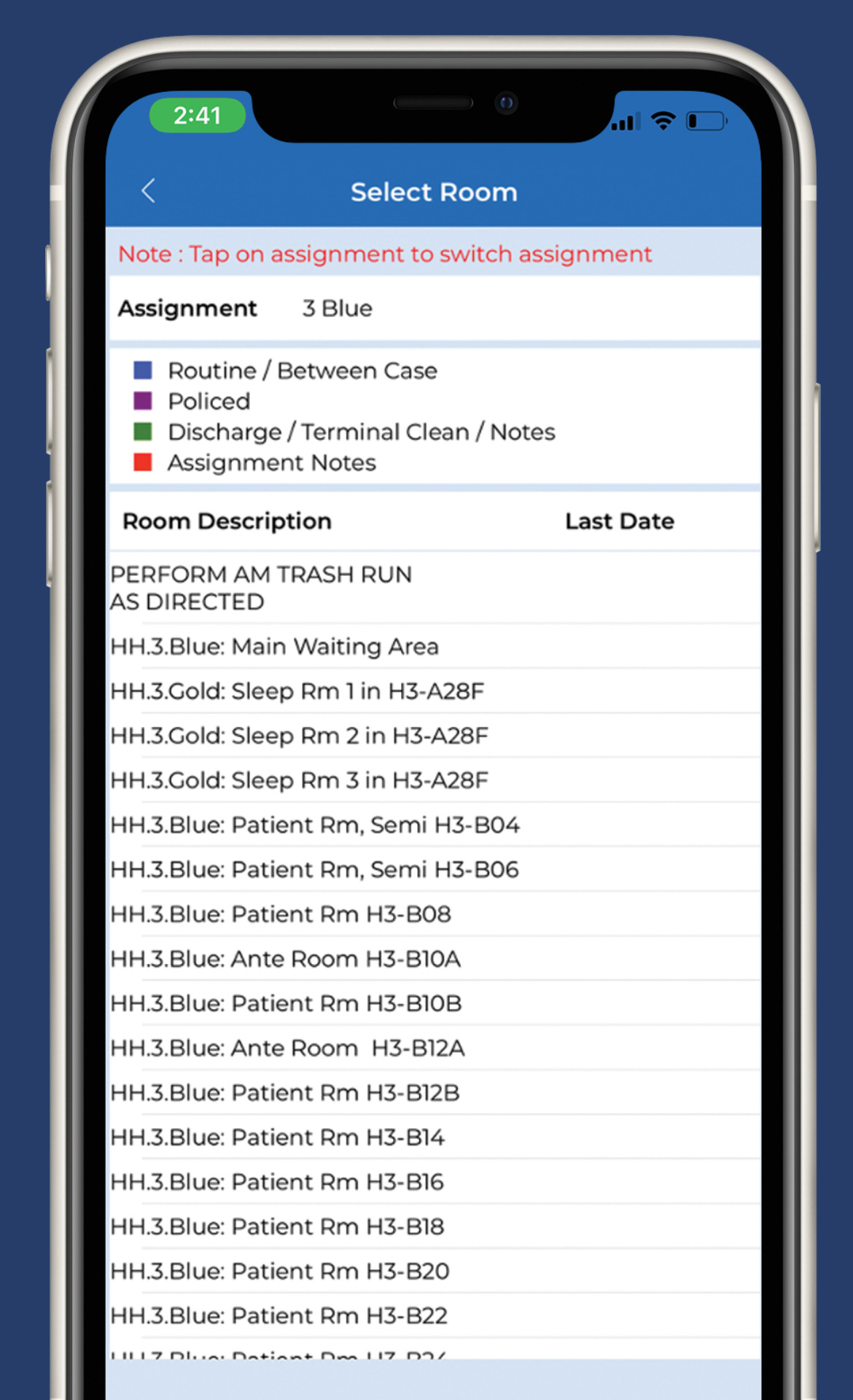 Mobile device showing assignments screen